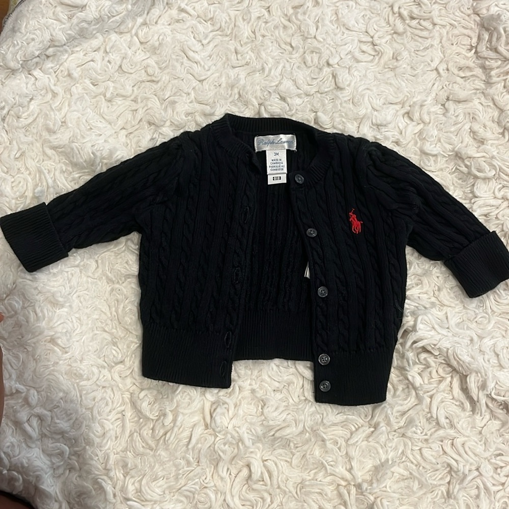 Ralph Lauren Black Cable Knit Cardigan with Red Pony Logo